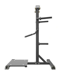 Black metal weight rack with multiple horizontal bars and flat base plate for pro series plate loaded lateral raise home fitness