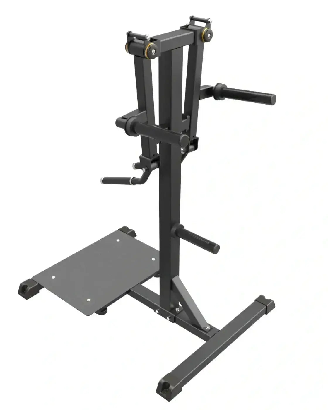 Black metal pro series plate loaded lateral raise rack with adjustable handles and flat platform base for home fitness