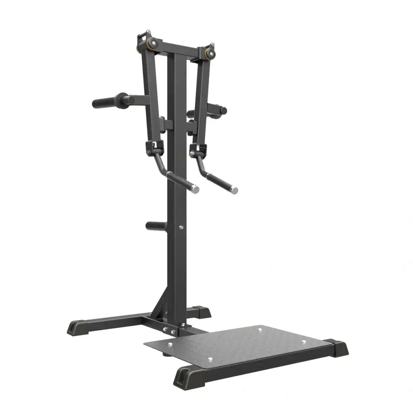 Black metal pro series plate loaded lateral raise station with adjustable handles and flat platform base for home fitness
