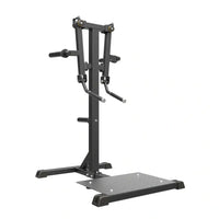 Black metal pro series plate loaded lateral raise station with adjustable handles and flat platform base for home fitness