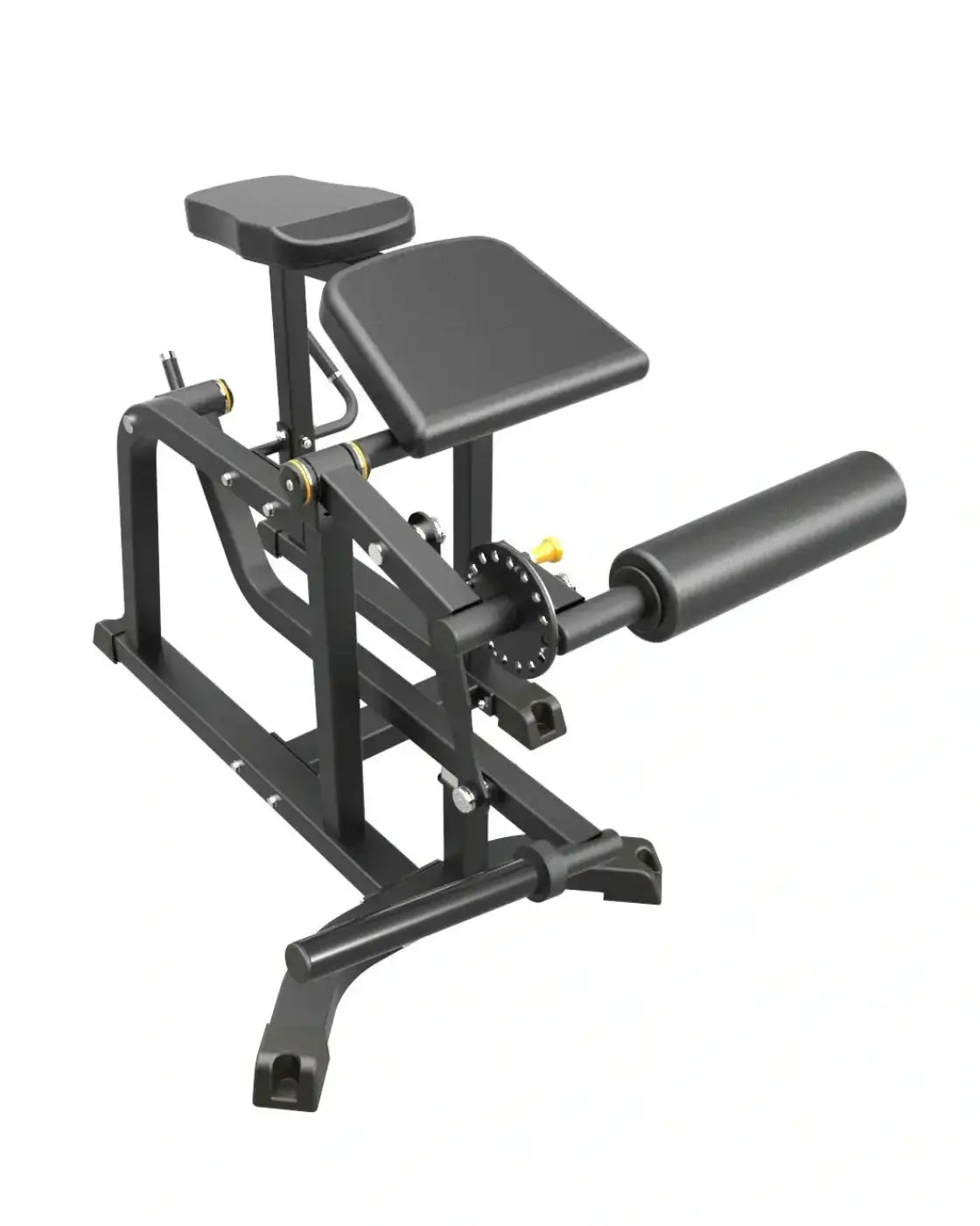 Black metal pro series plate loaded prone leg curl machine with padded seat and foot platform for home workout