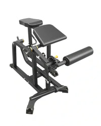 Black metal pro series plate loaded prone leg curl machine with padded seat and foot platform for home workout