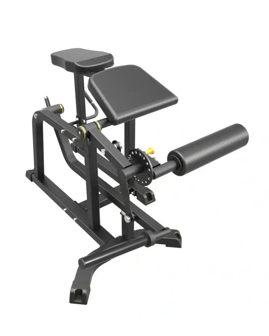 Black metal pro series plate loaded prone leg curl machine with padded seat and foot platform for home workout