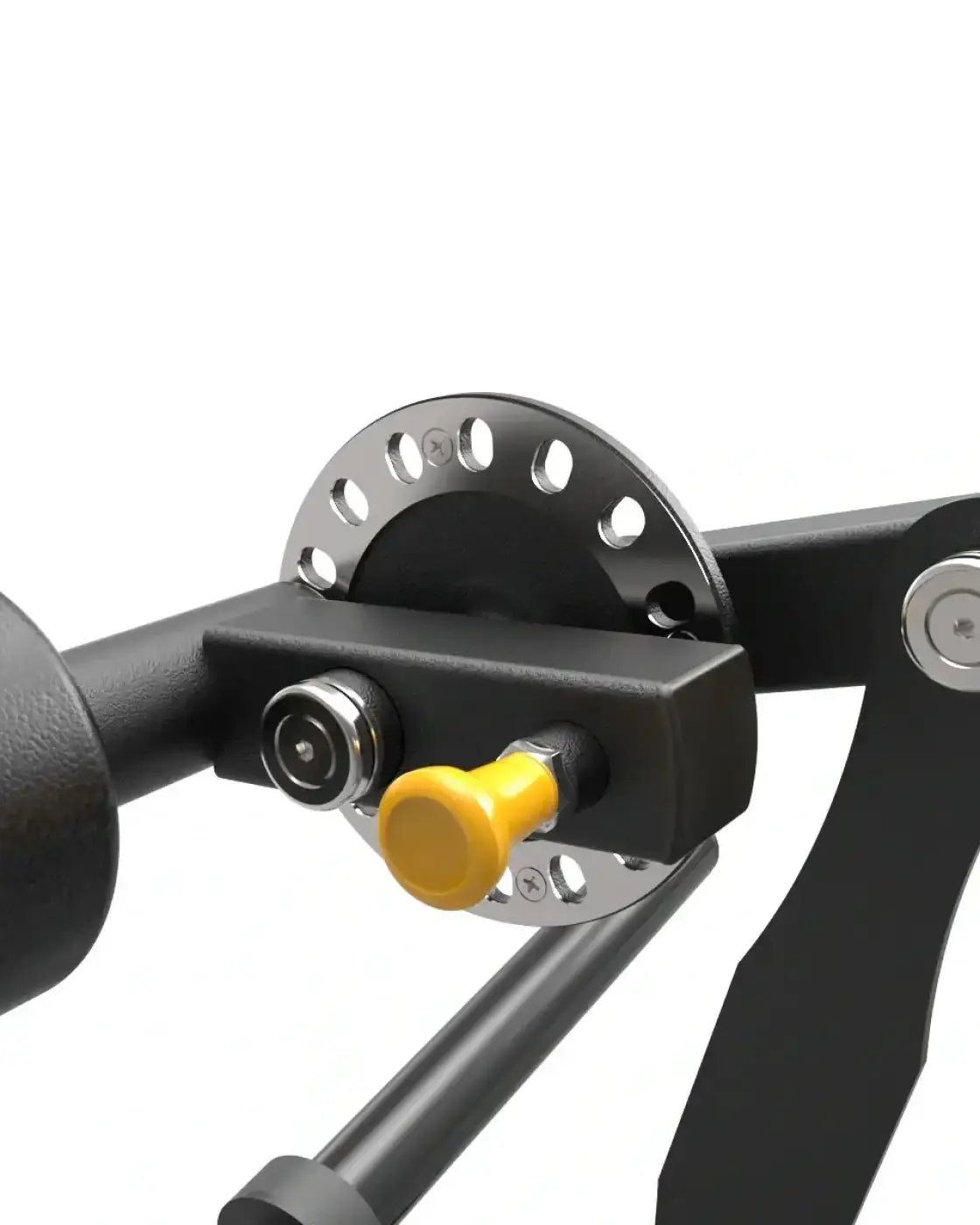 Black metal component of pro series plate loaded prone leg curl with yellow adjustment knob and silver perforated plate