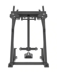Black metal pro series plate loaded squat rack with adjustable safety bars and weight plate holder for home fitness