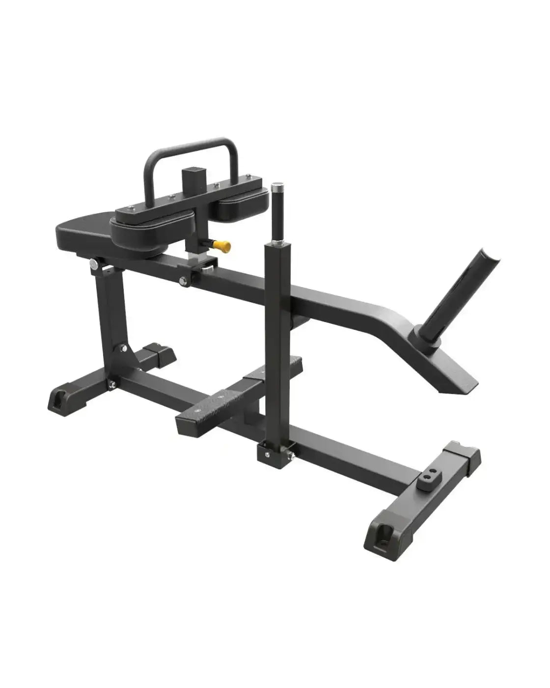 Pro series plate loaded seated calf raise machine in black metal with padded seat and adjustable resistance lever uk delivery