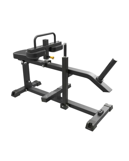 Pro series plate loaded seated calf raise machine in black metal with padded seat and adjustable resistance lever uk delivery