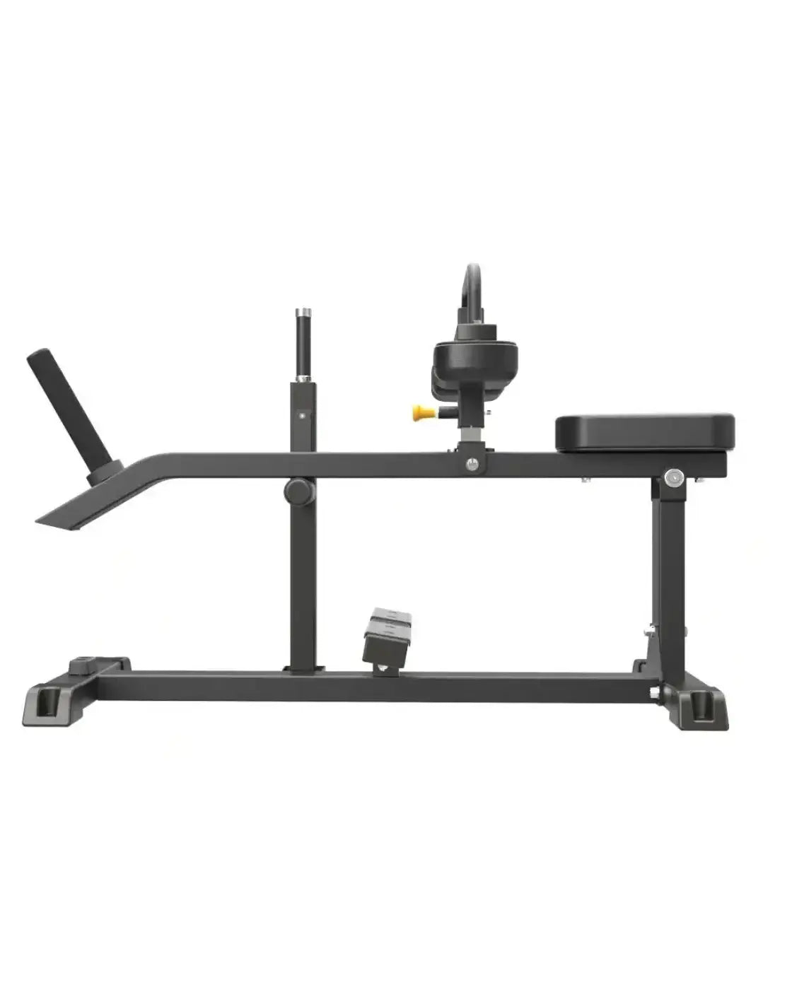 Black metal adjustable Pro Series plate loaded seated calf raise bench with padded seat and yellow height adjustment knob UK delivery