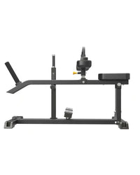 Black metal adjustable Pro Series plate loaded seated calf raise bench with padded seat and yellow height adjustment knob UK delivery