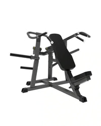 Black metal pro series plate loaded seated shoulder press machine with adjustable backrest and footplate for home workouts