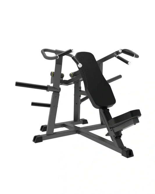 Black metal pro series plate loaded seated shoulder press machine with adjustable backrest and footplate for home workouts