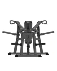 Black metal pro series plate loaded seated shoulder press machine with adjustable handles and weight plates for home workout