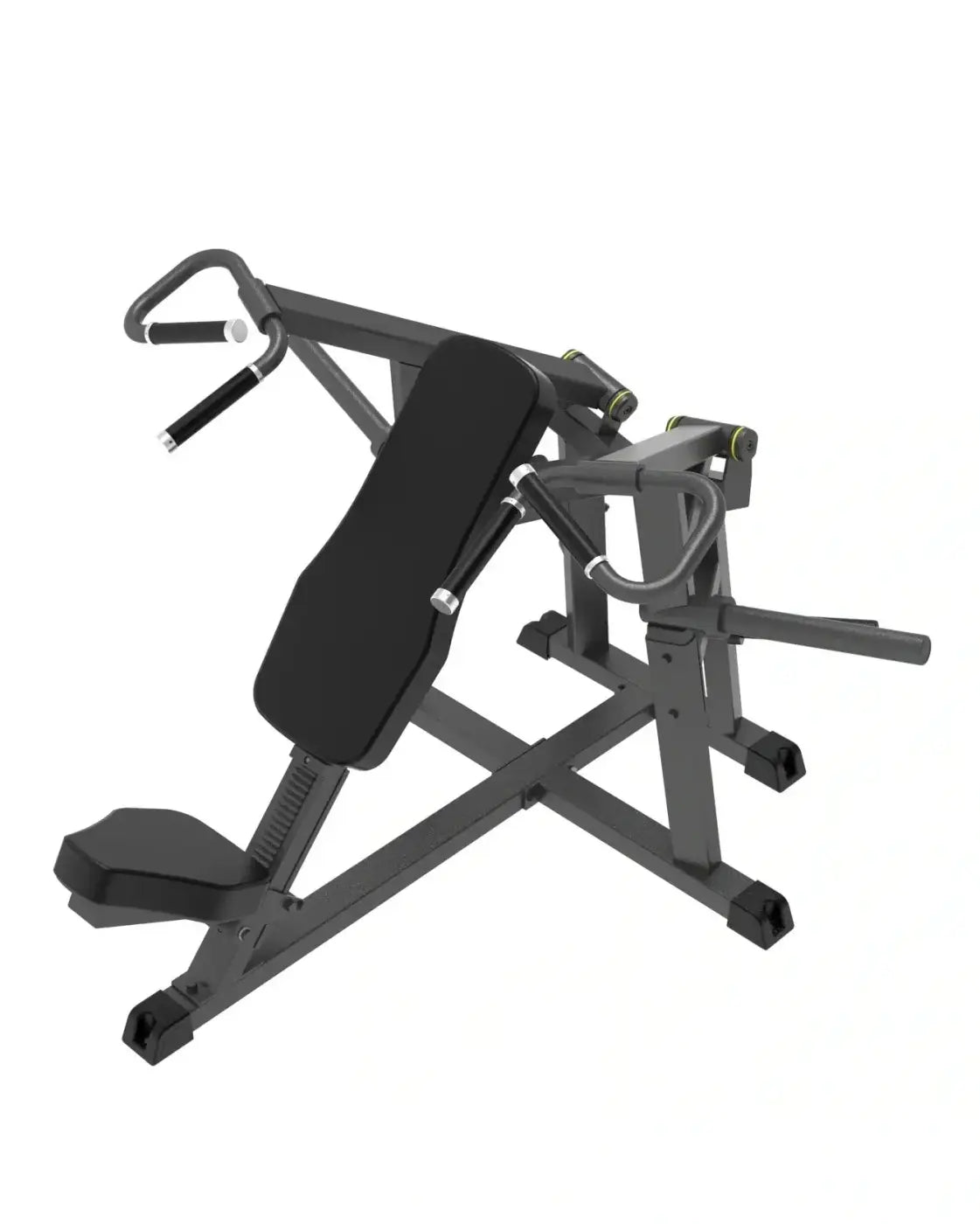 Pro Series Plate Loaded seated shoulder press bench with black padded adjustable backrest and foot platform on gray frame