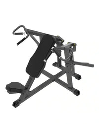 Pro Series Plate Loaded seated shoulder press bench with black padded adjustable backrest and foot platform on gray frame