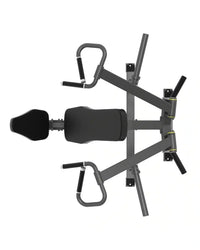 Pro Series plate loaded seated shoulder press with black padded seat and backrest on gray metal frame for home workout