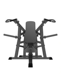 Black metal pro series plate loaded seated shoulder press bench with adjustable arm pads and padded seat for home workout
