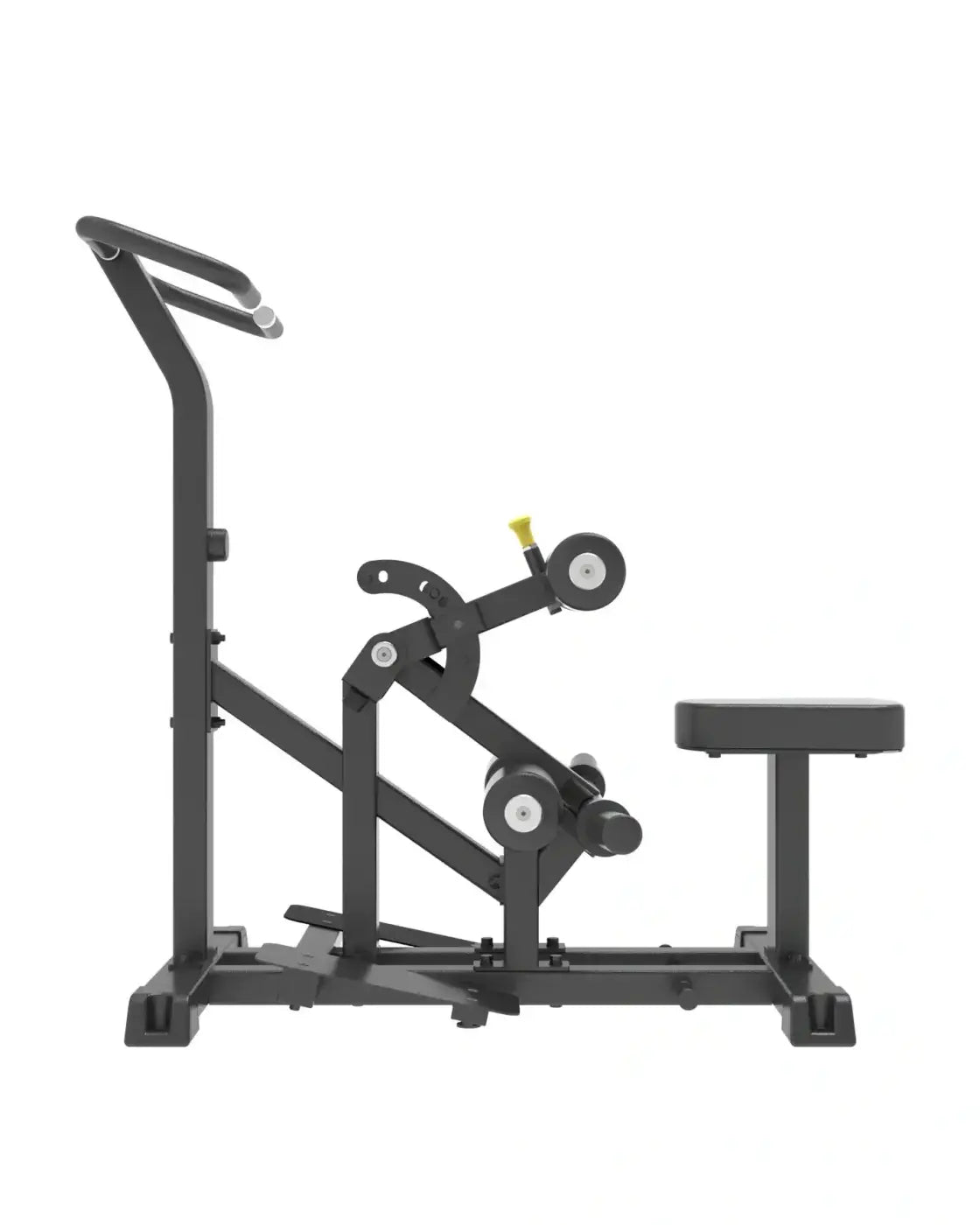 Black stationary exercise bike with yellow handlebar accents for pro series plate loaded vertical hip thrust workouts