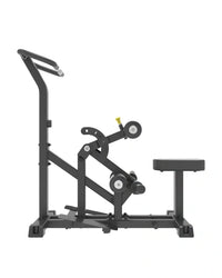 Black stationary exercise bike with yellow handlebar accents for pro series plate loaded vertical hip thrust workouts
