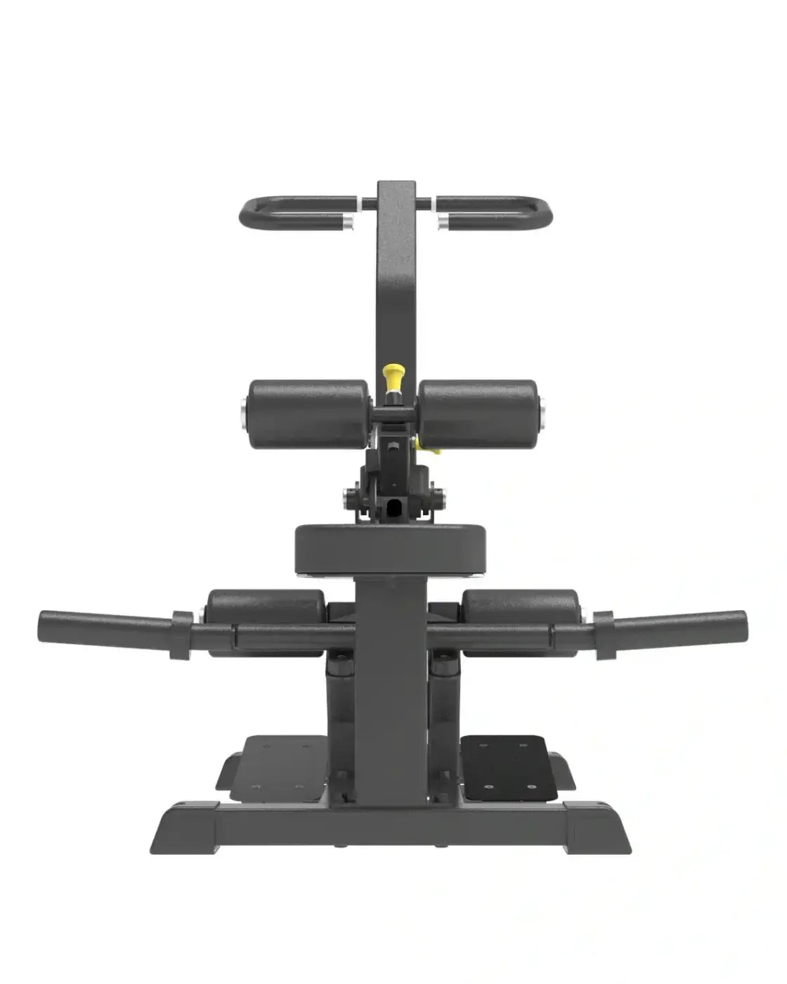 Black metal and rubber pro series plate loaded vertical hip thrust gym machine with yellow adjustment knob for home workout