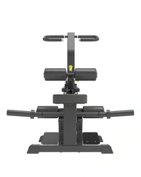 Black metal and rubber pro series plate loaded vertical hip thrust gym machine with yellow adjustment knob for home workout