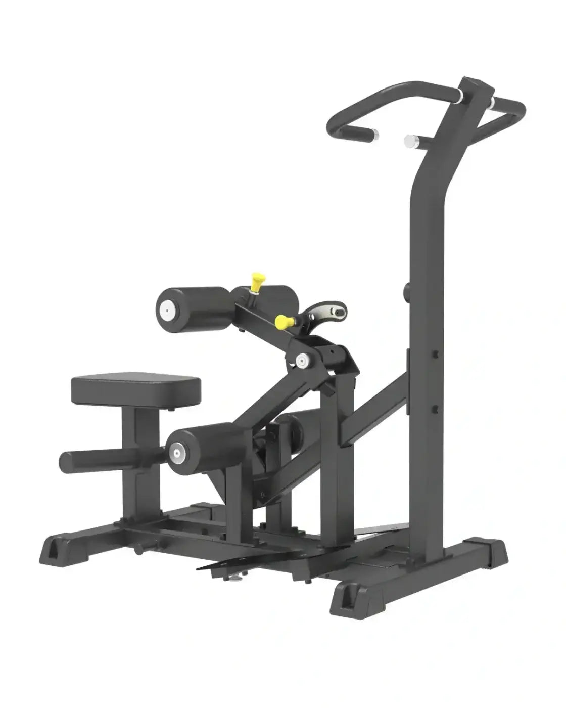 Pro series plate loaded vertical hip thrust home workout machine in black metal and plastic with yellow adjustment knobs
