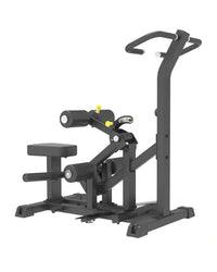 Pro series plate loaded vertical hip thrust home workout machine in black metal and plastic with yellow adjustment knobs