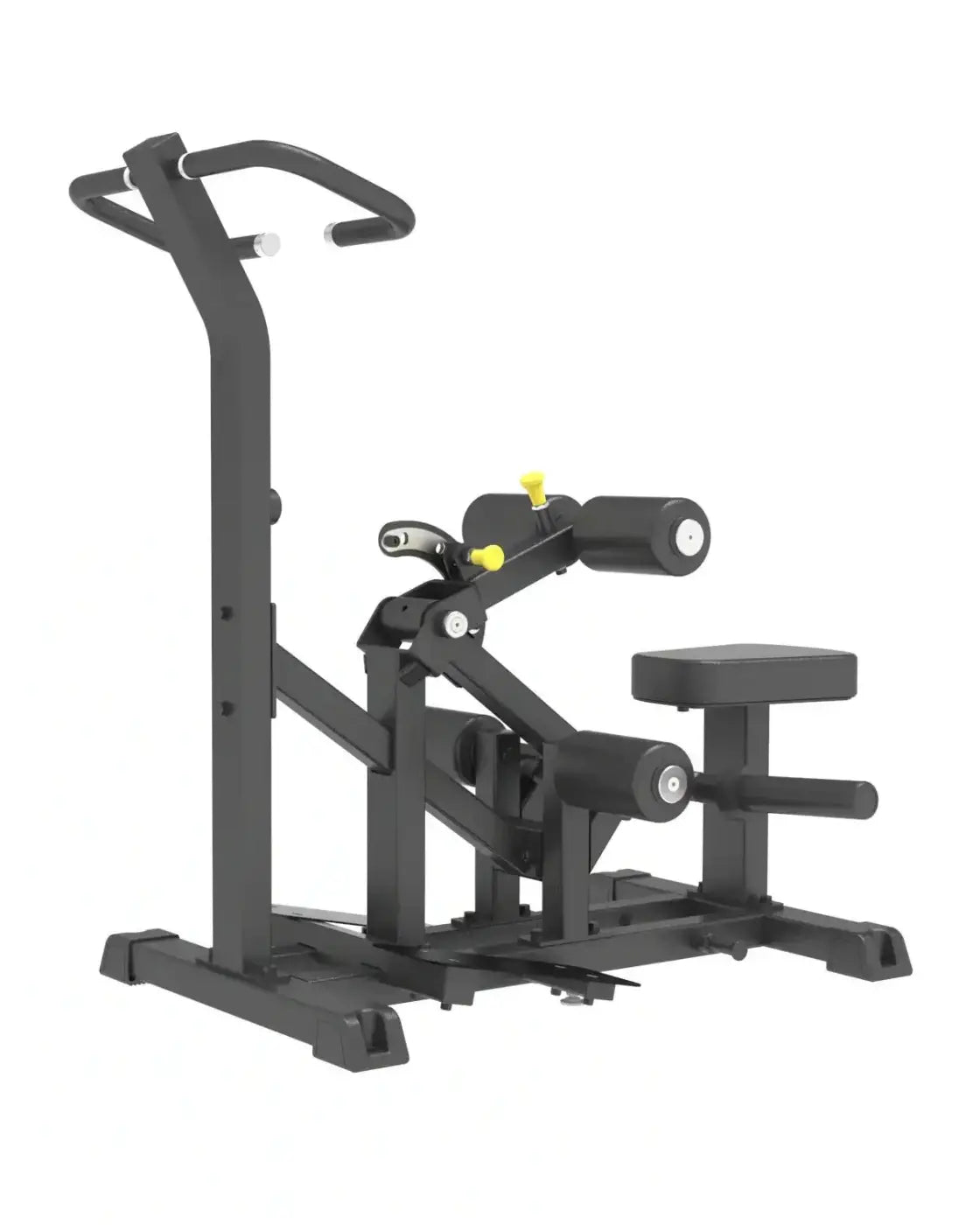 Pro Series Plate Loaded vertical hip thrust home workout machine in black metal with yellow adjustment knobs and padded seat