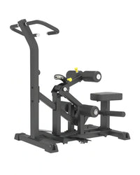 Pro Series Plate Loaded vertical hip thrust home workout machine in black metal with yellow adjustment knobs and padded seat