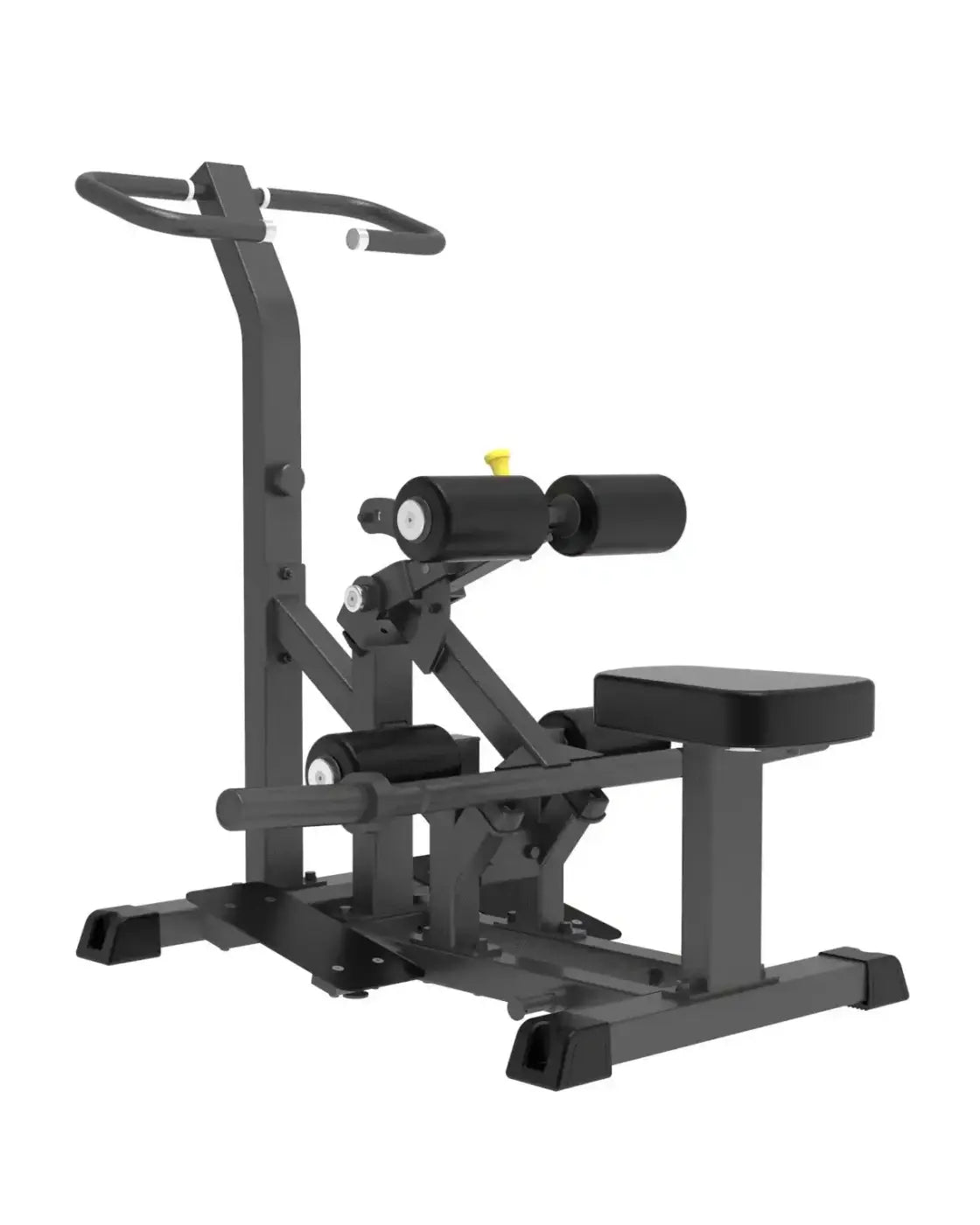 Black metal pro series plate loaded vertical hip thrust machine with adjustable resistance rollers and padded seat