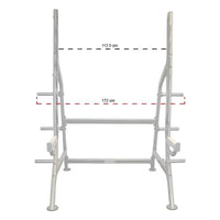 Silver metal pro series power rack with adjustable height bars and safety pins for home fitness squat workouts