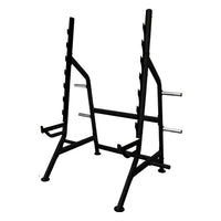 Pro series black metal squat rack with adjustable barbell racks and safety bars for home fitness use
