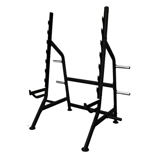 Pro series black metal squat rack with adjustable barbell racks and safety bars for home fitness use