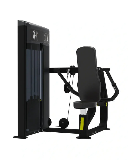 Pro Series seated dip cable machine in black and yellow with padded seat and backrest for compact strength training