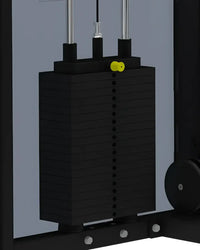 Pro Series seated dip weight stack with black finish and bright yellow adjustment knob for compact design use