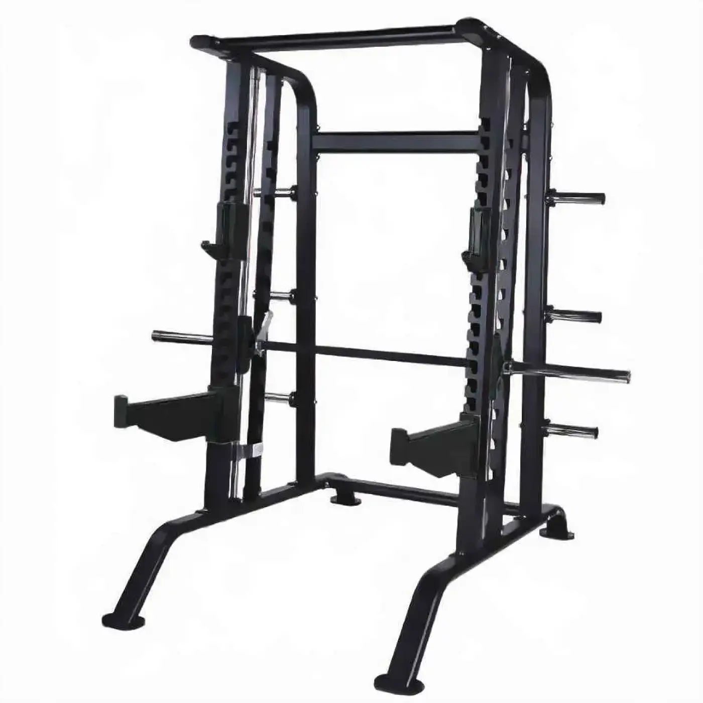 Pro series black metal smith machine half rack combo with adjustable safety bars and weight plate holders for home workout