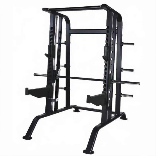 Pro series black metal smith machine half rack combo with adjustable safety bars and weight plate holders for home workout