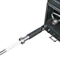 Pro series black barbell with silver shaft and secure locking mechanism for studio HIIT bench UK delivery