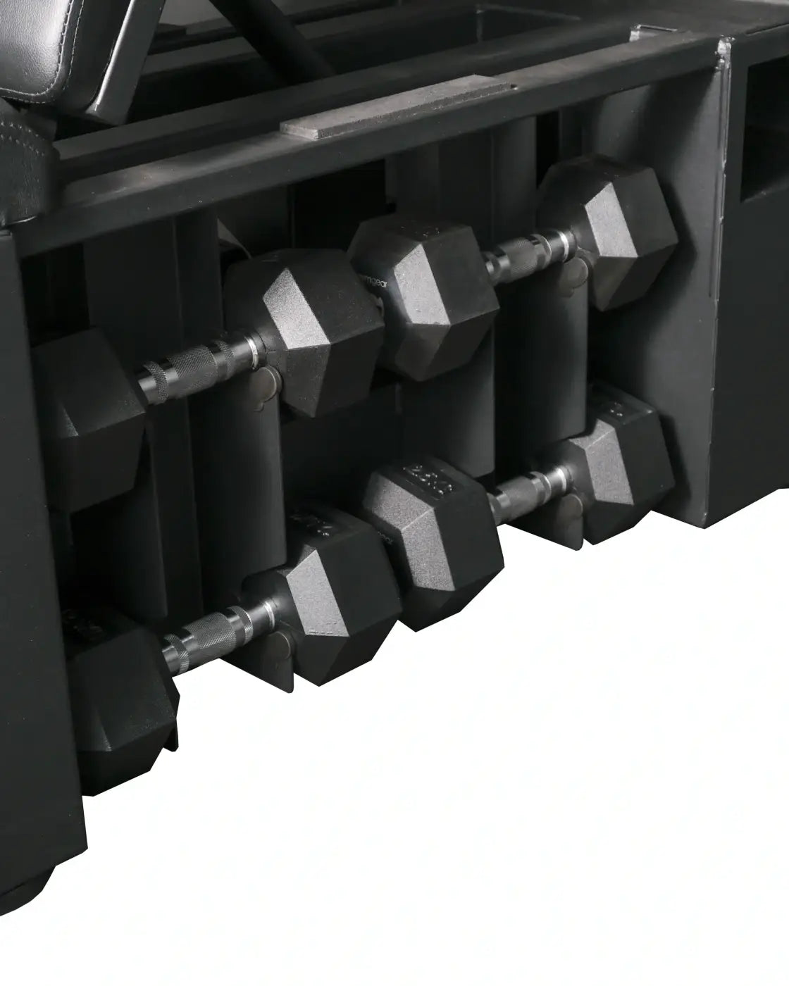 Black hexagonal dumbbells with metallic silver centers neatly arranged in a pro series gym rack for studio hiit bench uk delivery