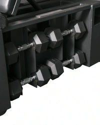 Black hexagonal dumbbells with metallic silver centers neatly arranged in a pro series gym rack for studio hiit bench uk delivery