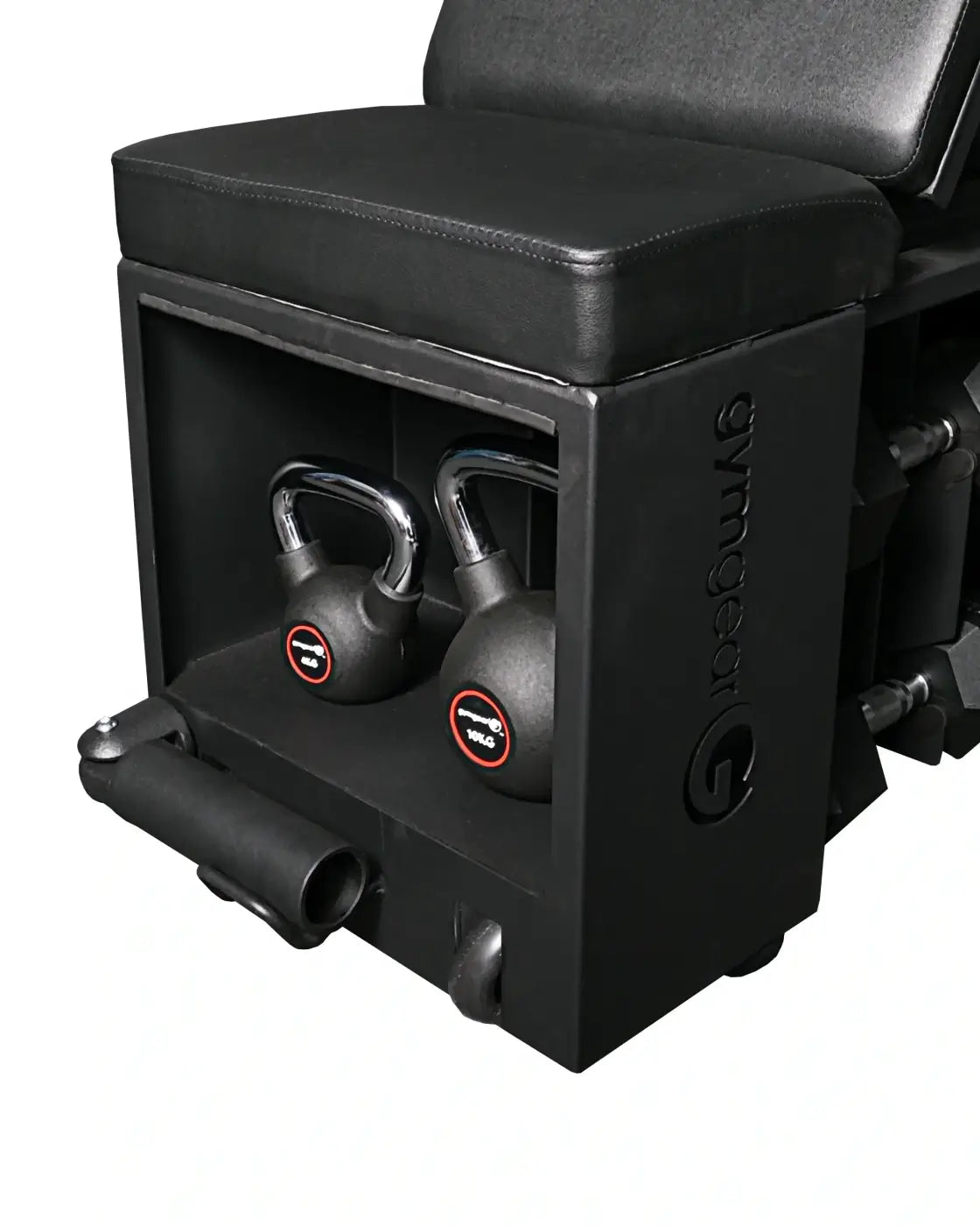 Black leatherette pro series studio hiit gym bench with integrated storage holding two black kettlebells uk delivery