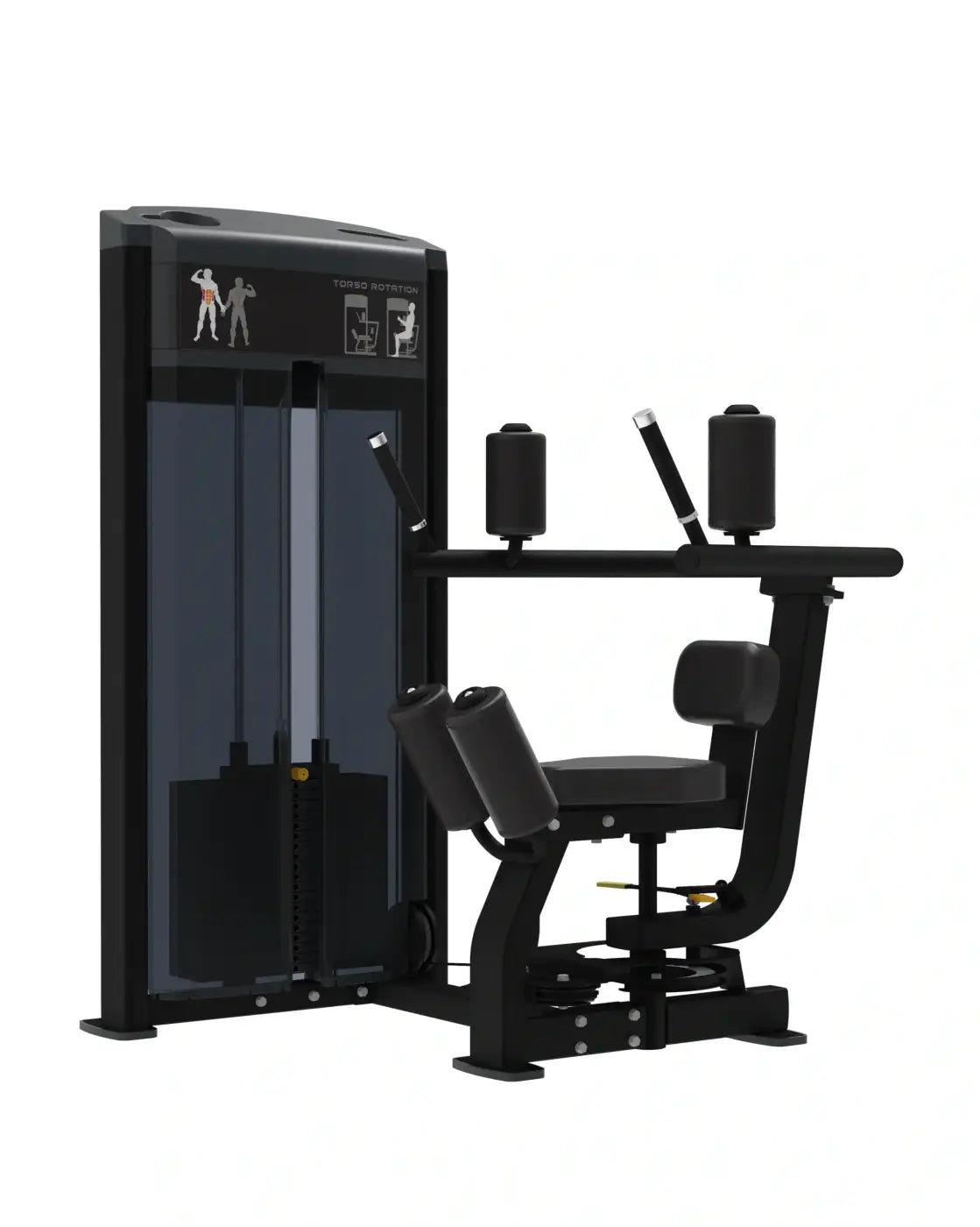 Black metal and plastic pro series torso rotation abdominal exercise machine with padded seat backrest and handle grips