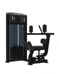 Black metal and plastic pro series torso rotation abdominal exercise machine with padded seat backrest and handle grips