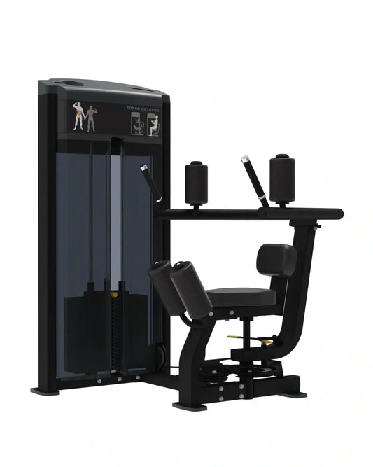 Black metal and plastic pro series torso rotation abdominal exercise machine with padded seat backrest and handle grips