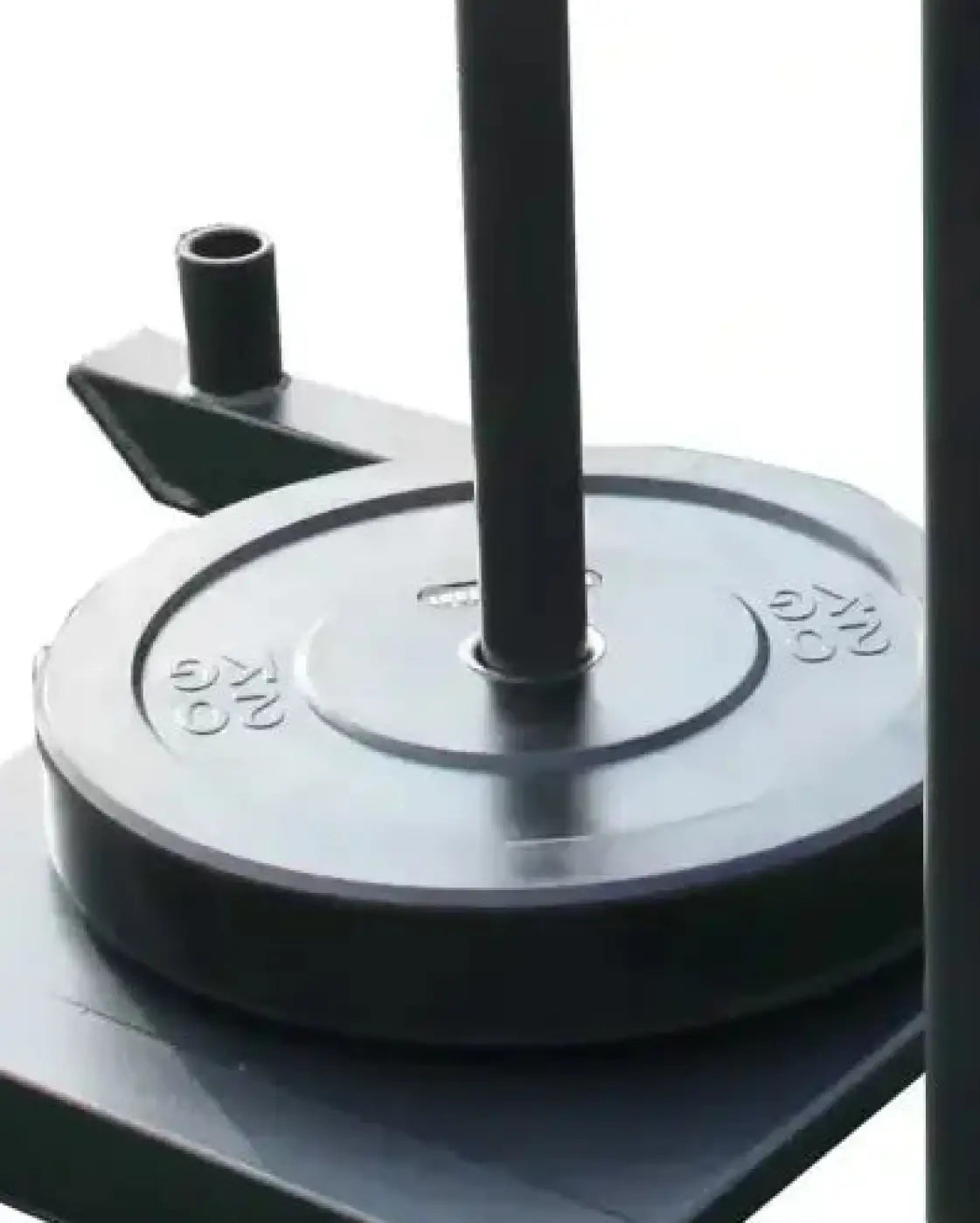 Black weight plate with embossed markings and central hole resting on black base for prower sled uk delivery
