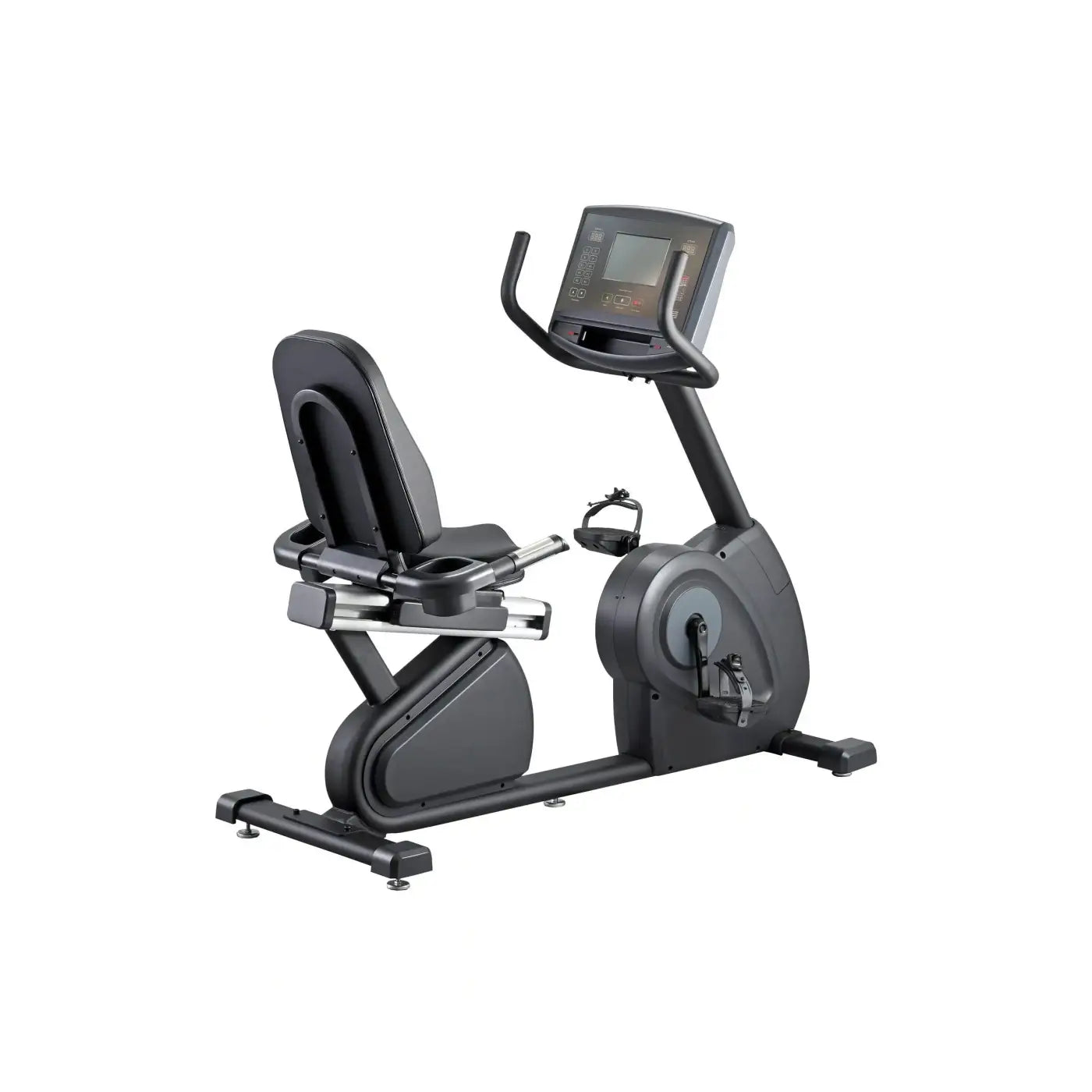 Black R98s Sport recumbent bike with digital display and padded seat designed for comfortable indoor cycling