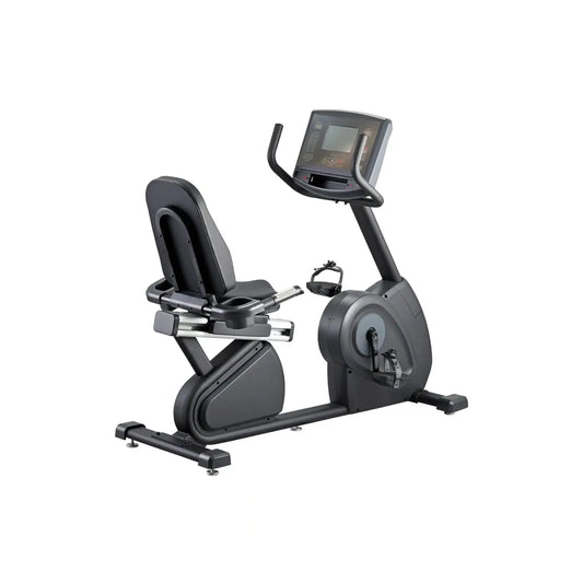 Black R98s Sport recumbent bike with digital display and padded seat designed for comfortable indoor cycling