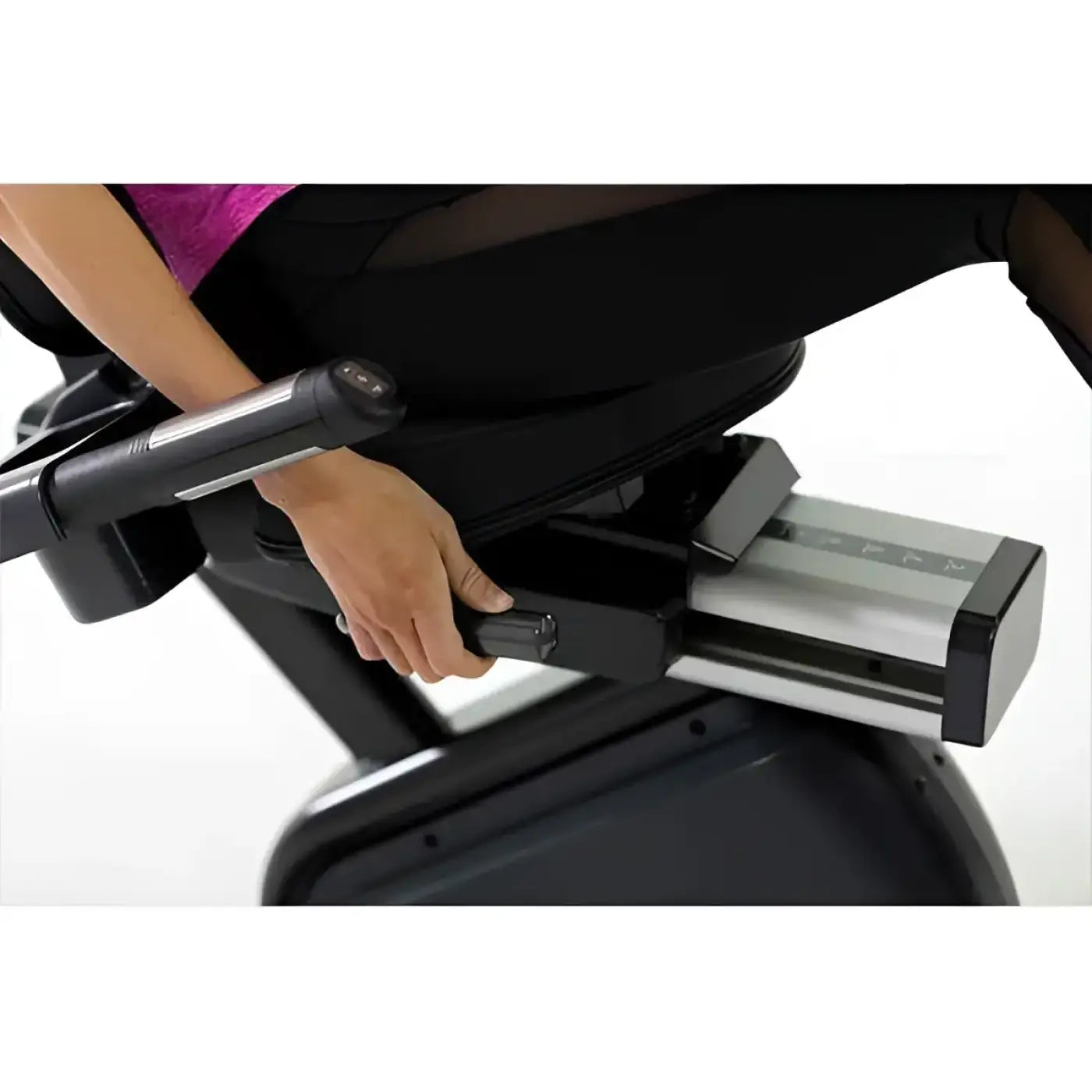 Black and silver R98s Sport recumbent bike showing adjustable resistance lever for personalized workout intensity