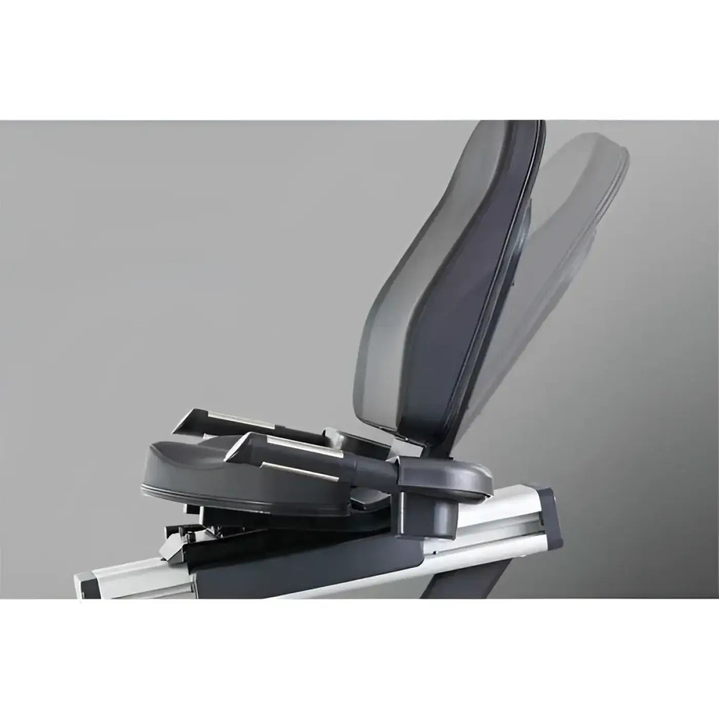 Black padded seat with adjustable backrest on silver r98s Sport recumbent bike for comfortable indoor cycling