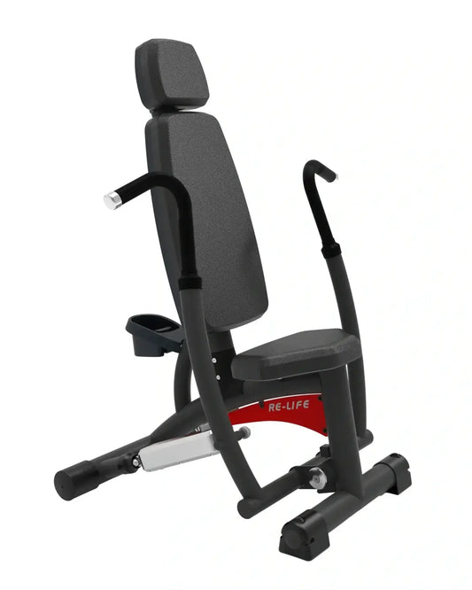 Black re-life chest press row machine with textured mesh backrest and seat red accent panel uk delivery