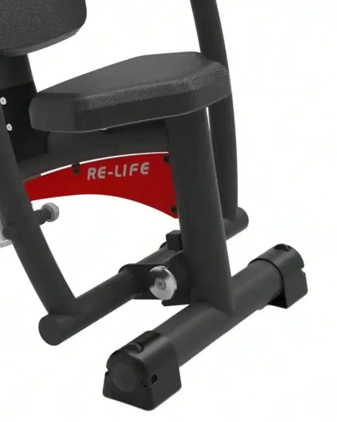 Black metal chest press and row exercise bench with red accent panel featuring re-life brand name uk delivery